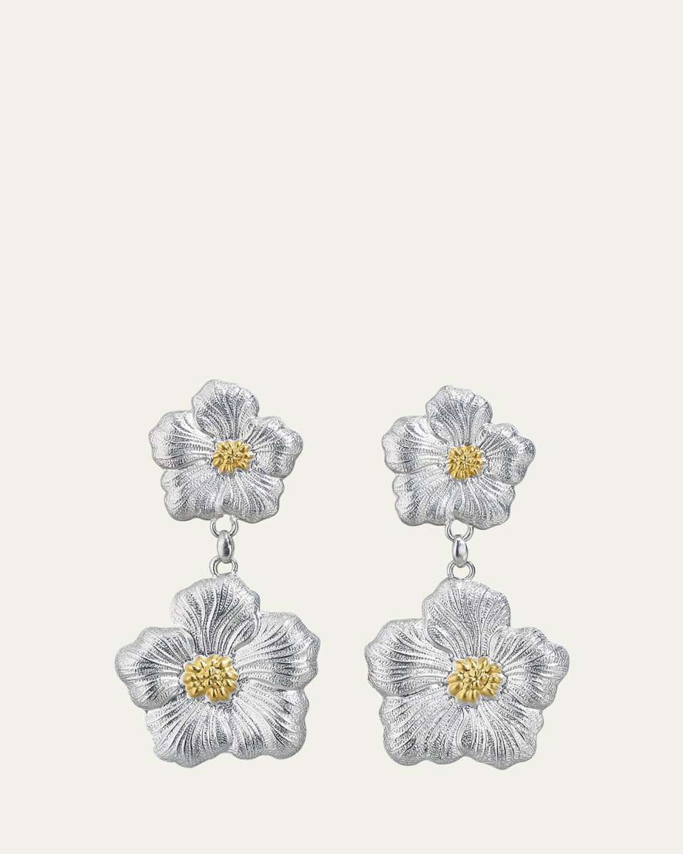 Blossoms Gardenia Sterling Silver and 18K Yellow Gold Pendant Earrings, 8.5cm